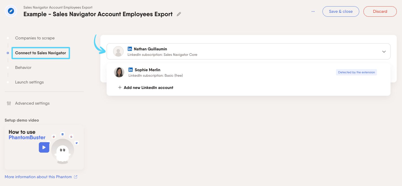 PhantomBuster Sales Navigator Account Employees Export step 2 connecting your Sales Navigator account