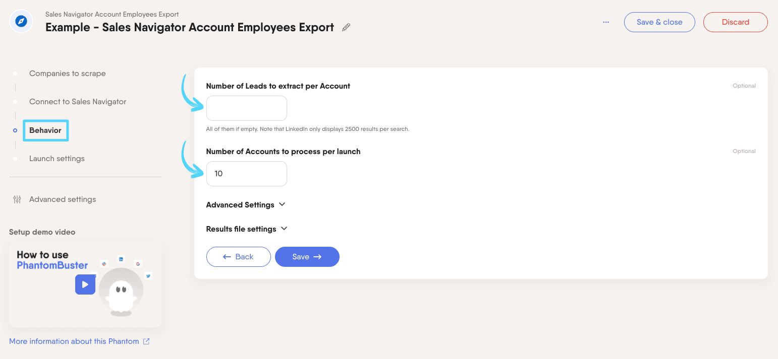 PhantomBuster Sales Navigator Account Employees Export step 3 configuring leads per account and accounts per launch