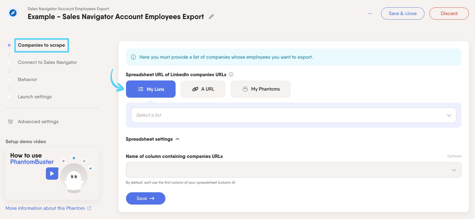 PhantomBuster Sales Navigator Account Employees Export step 1 choosing which companies to extract employees from