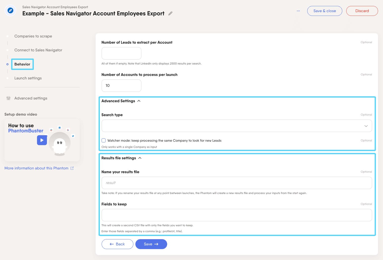 PhantomBuster Sales Navigator Account Employees Export step 3 advanced settings and result file dropdown menus