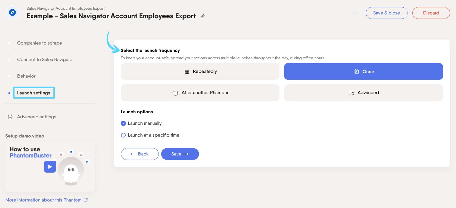 PhantomBuster Sales Navigator Account Employees Export step 4 selecting launch frequency
