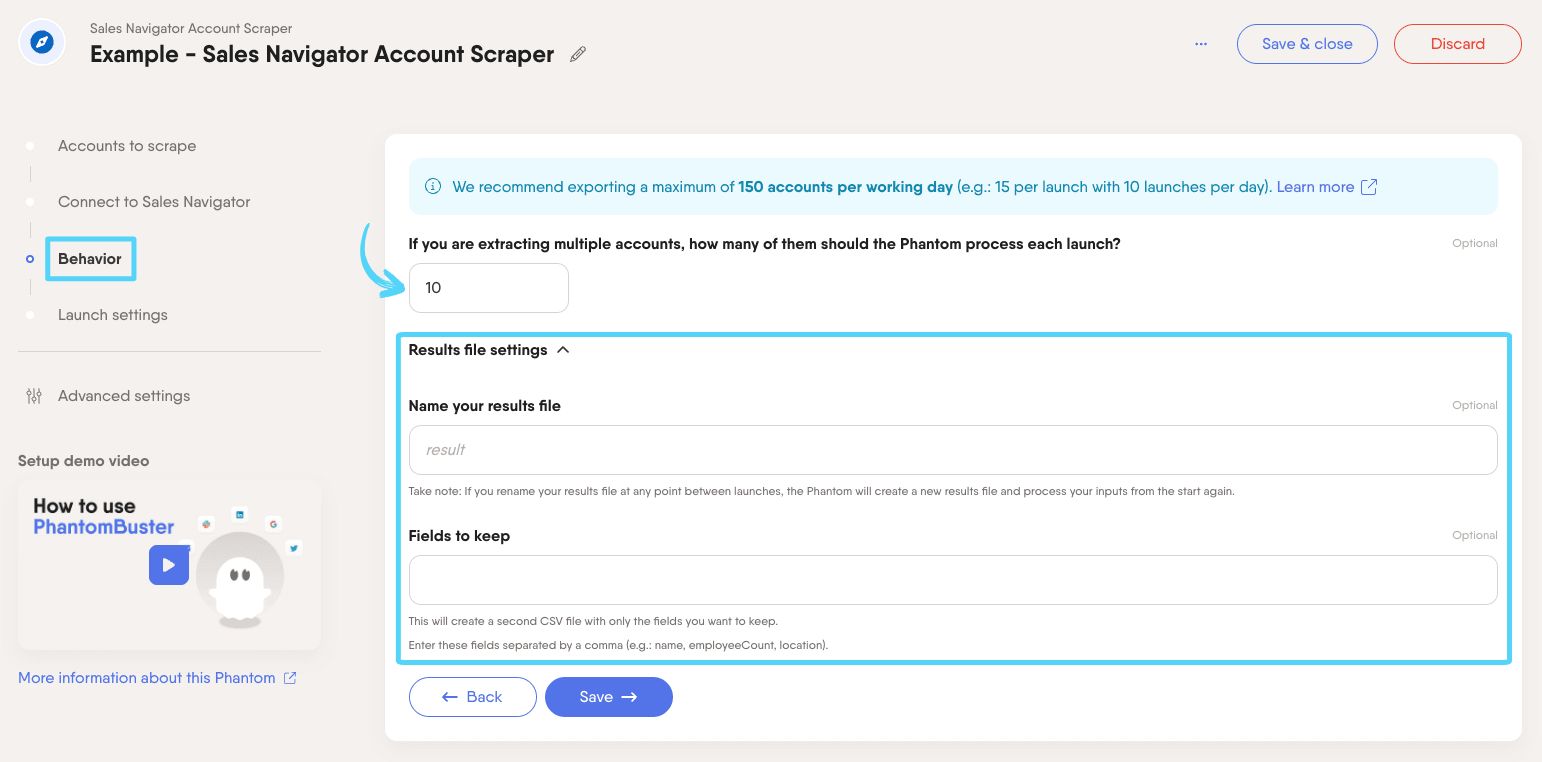 PhantomBuster Sales Navigator Account Scraper step 3 specifying how many accounts to extract and result file settings