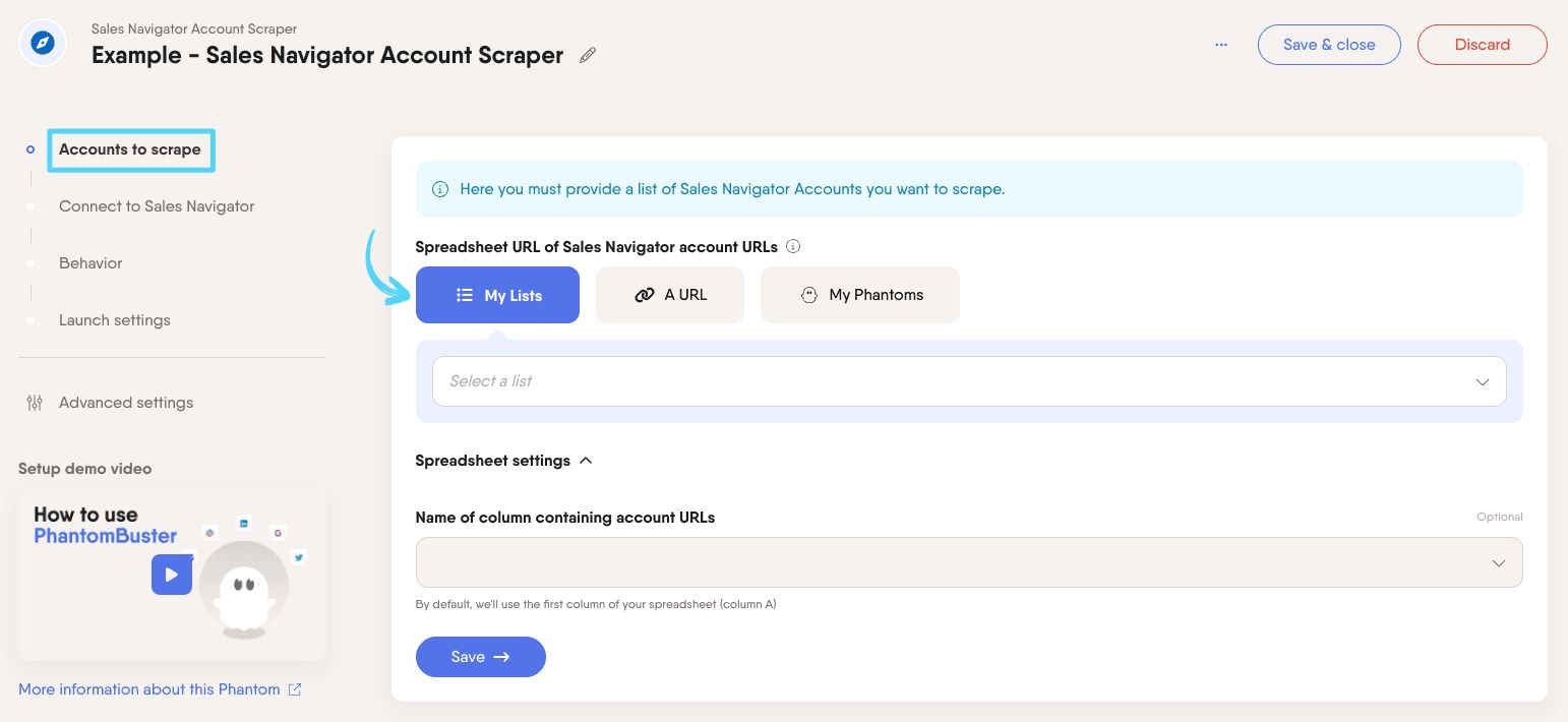 PhantomBuster Sales Navigator Account Scraper step 1 choosing which Sales Navigator accounts to extract