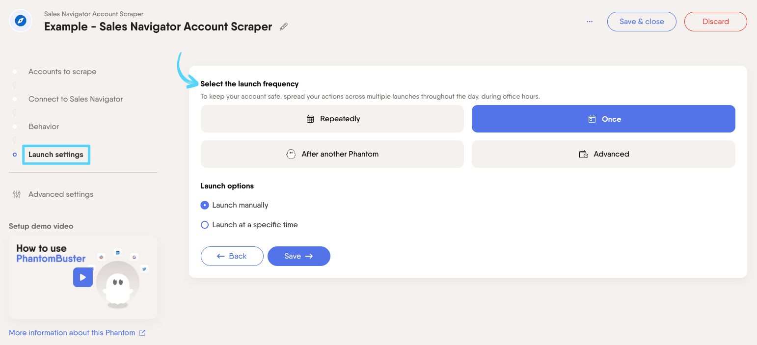 PhantomBuster Sales Navigator Account Scraper step 4 selecting launch frequency
