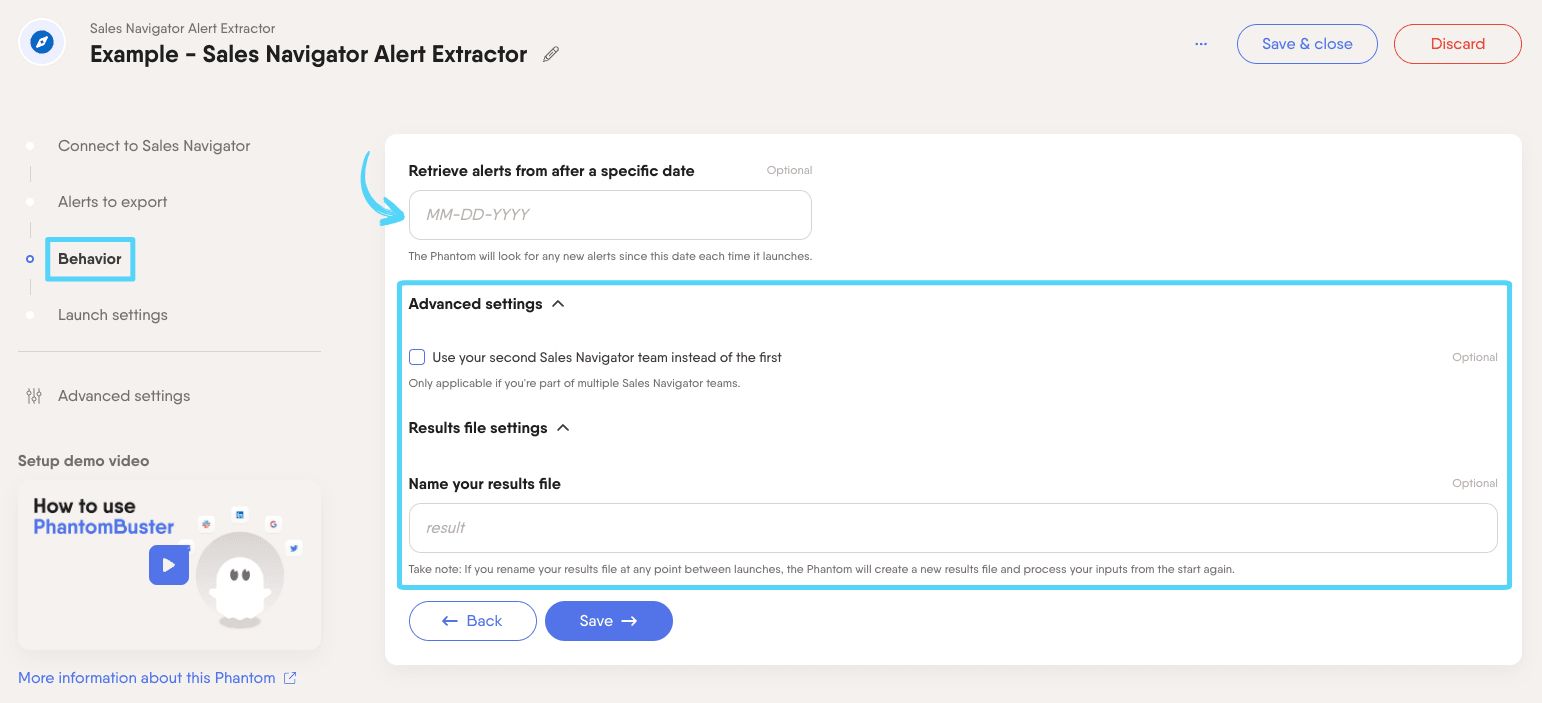 PhantomBuster Sales Navigator Alert Extractor step 3 configuring alert filters date and result file settings