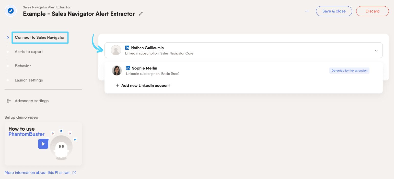 PhantomBuster Sales Navigator Alert Extractor step 1 connecting your Sales Navigator account