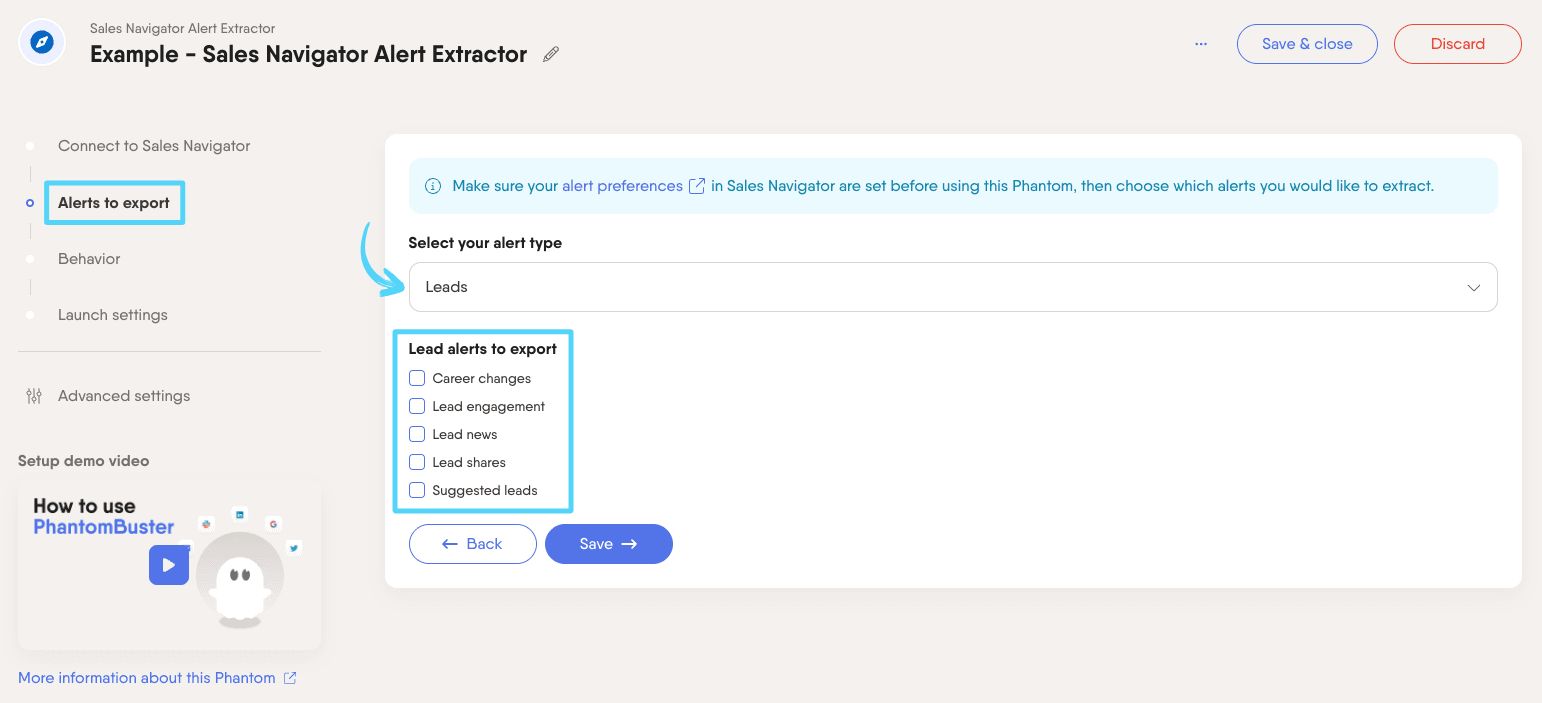 PhantomBuster Sales Navigator Alert Extractor step 2 selecting which types of lead and account alerts to export
