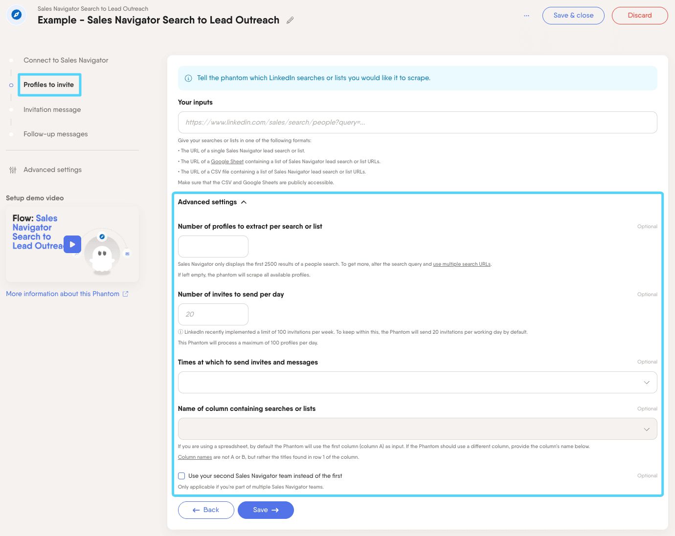 PhantomBuster Sales Navigator Search to Lead Outreach step 2 advanced settings for profile and invite limits