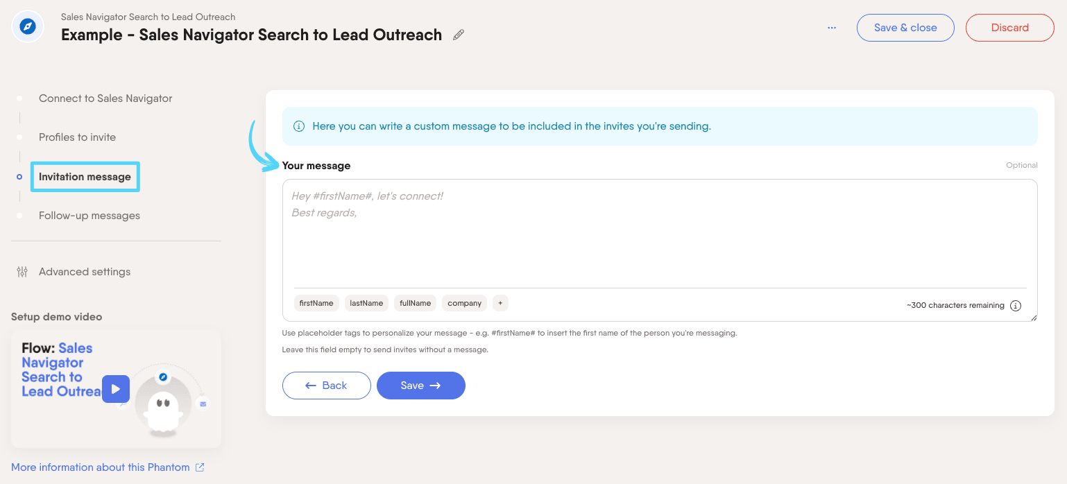 PhantomBuster Sales Navigator Search to Lead Outreach step 3 customizing your connection request message