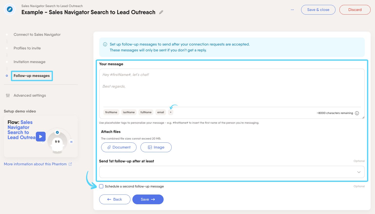 PhantomBuster Sales Navigator Search to Lead Outreach step 4 writing and scheduling follow-up messages