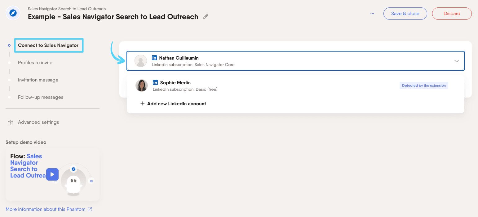 PhantomBuster Sales Navigator Search to Lead Outreach step 1 connecting your Sales Navigator account