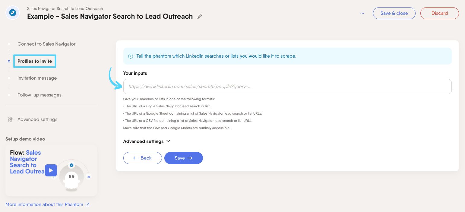 PhantomBuster Sales Navigator Search to Lead Outreach step 2 choosing which profiles to invite from a search or list