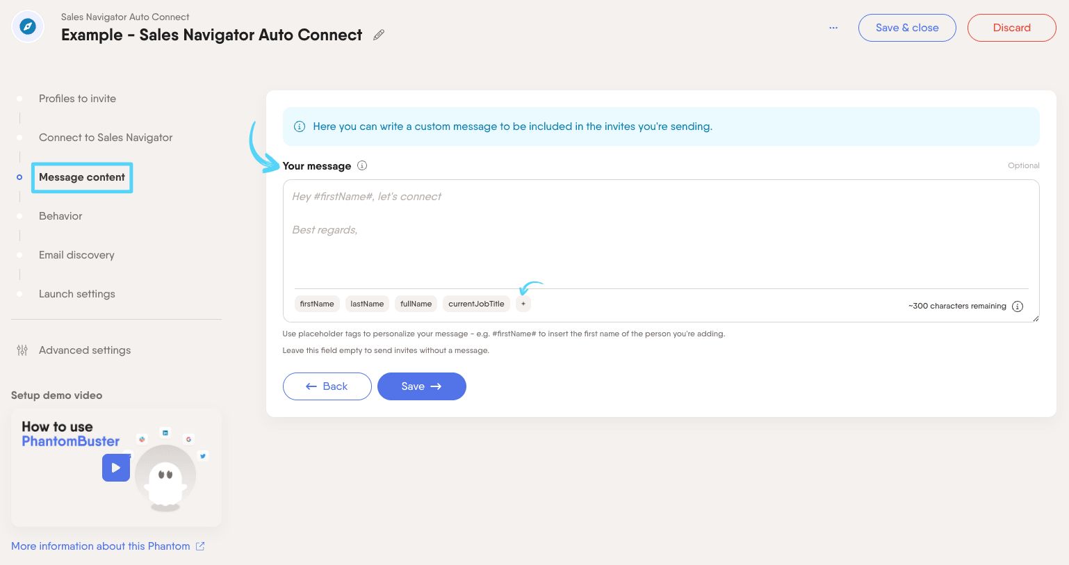 PhantomBuster Sales Navigator Auto Connect step 3 writing and customizing your connection request message