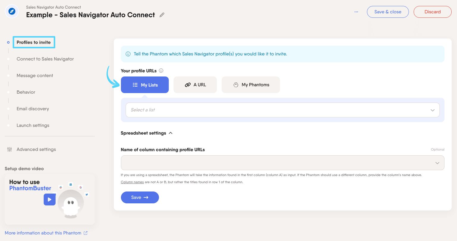 PhantomBuster Sales Navigator Auto Connect step 1 choosing which Sales Navigator profiles to invite