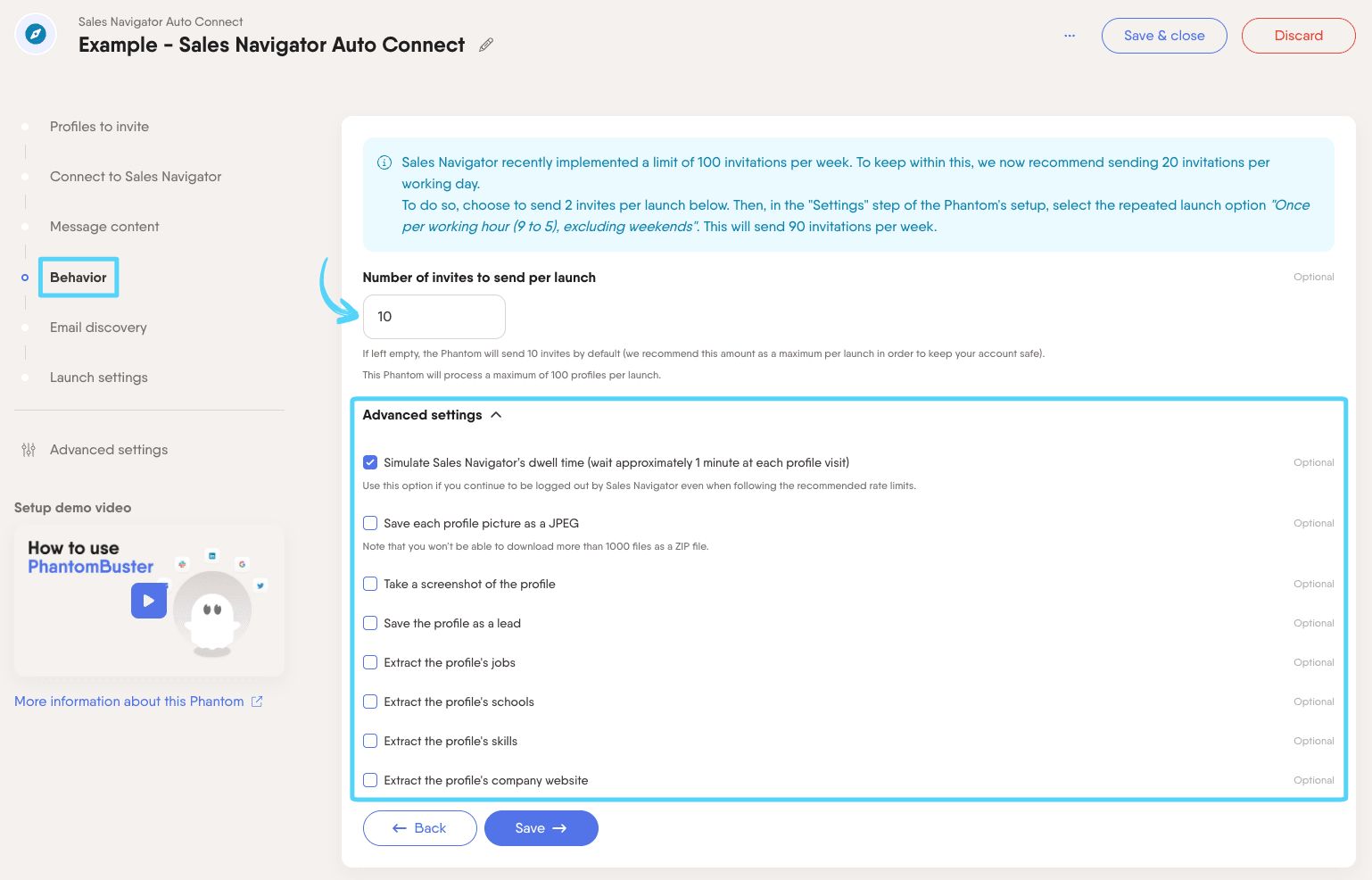 PhantomBuster Sales Navigator Auto Connect step 4 configuring connection limits and advanced behavior