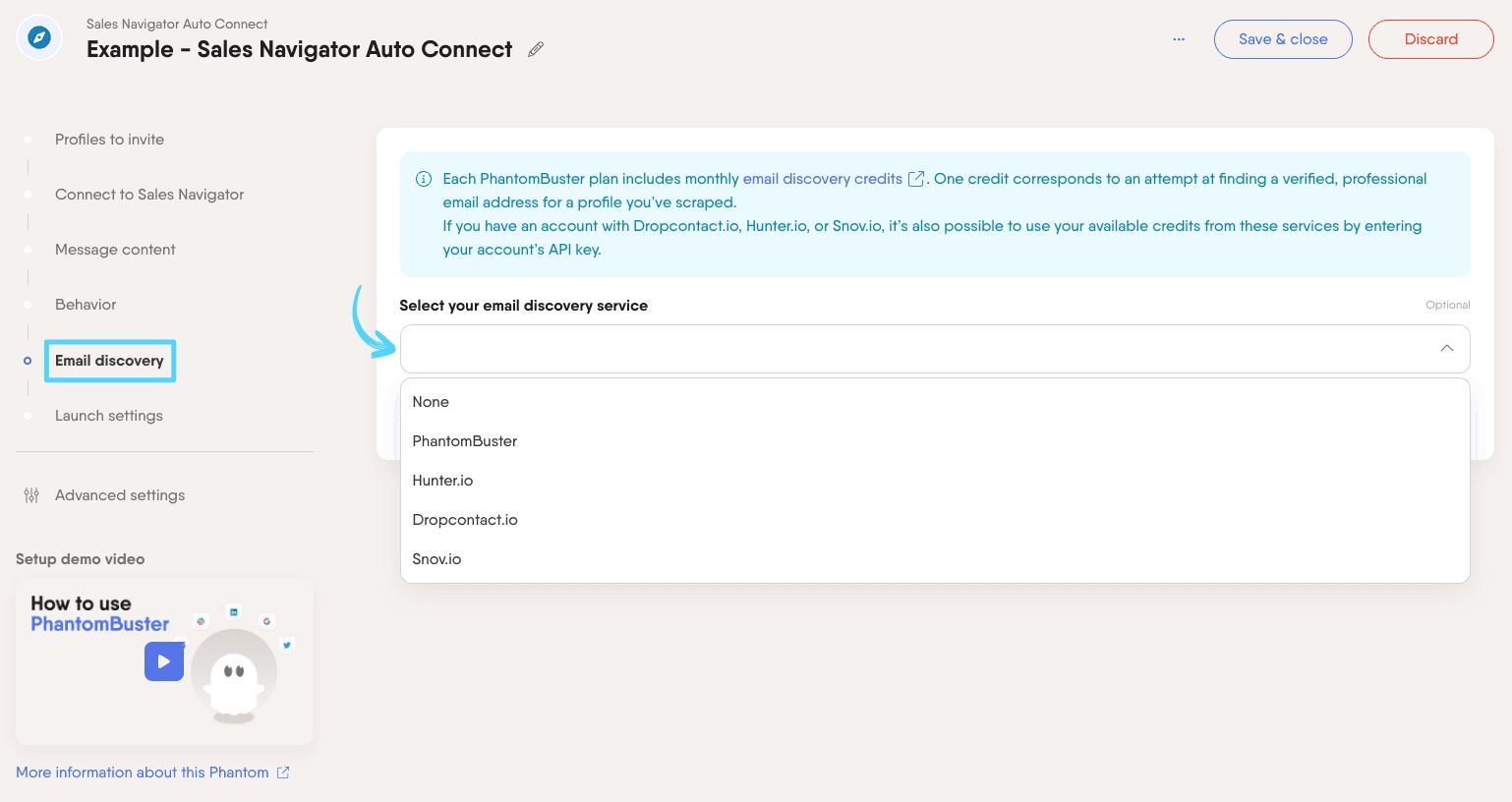 PhantomBuster Sales Navigator Auto Connect step 5 enriching leads with professional emails via email discovery