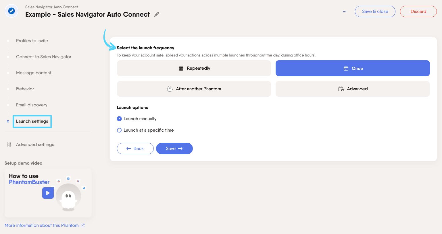 PhantomBuster Sales Navigator Auto Connect step 6 selecting launch frequency