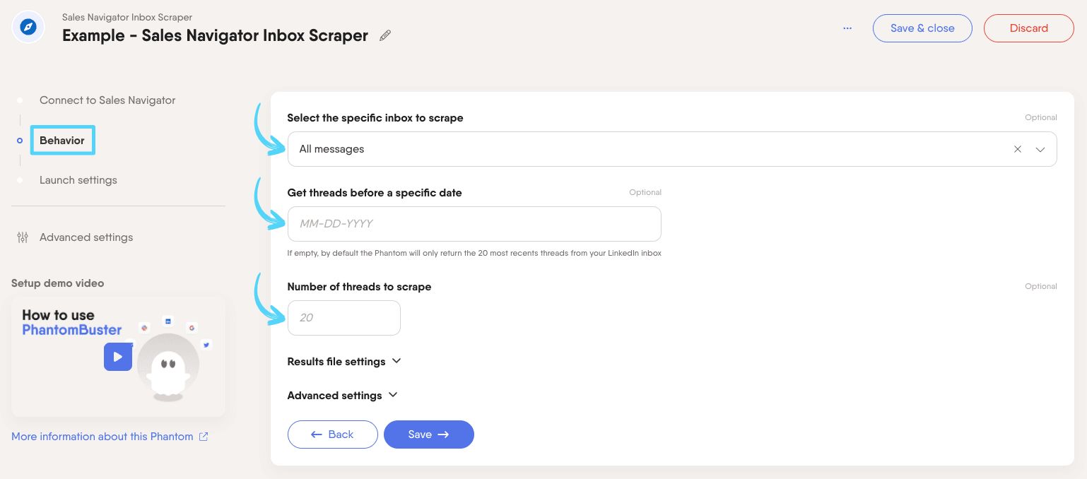 PhantomBuster Sales Navigator Inbox Scraper step 2 selecting the inbox section and configuring what to extract