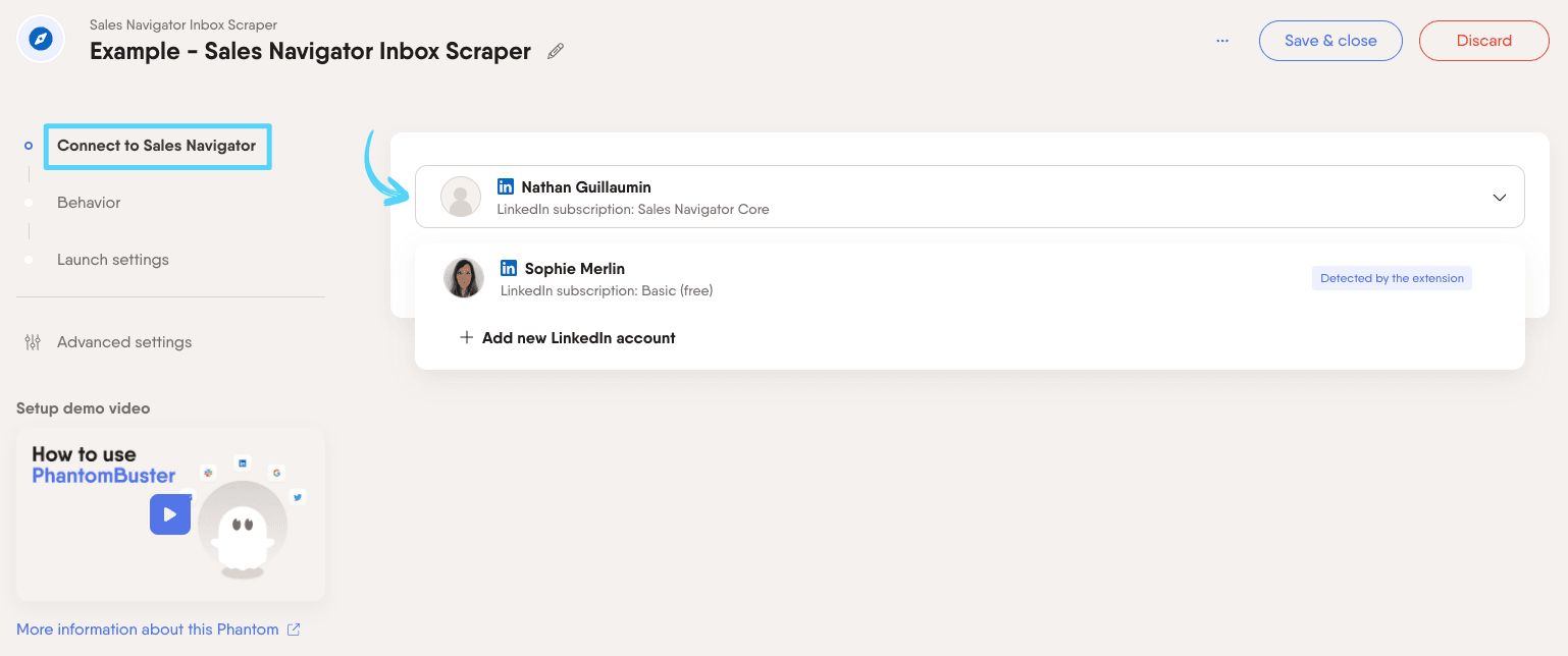 PhantomBuster Sales Navigator Inbox Scraper step 1 connecting your Sales Navigator account
