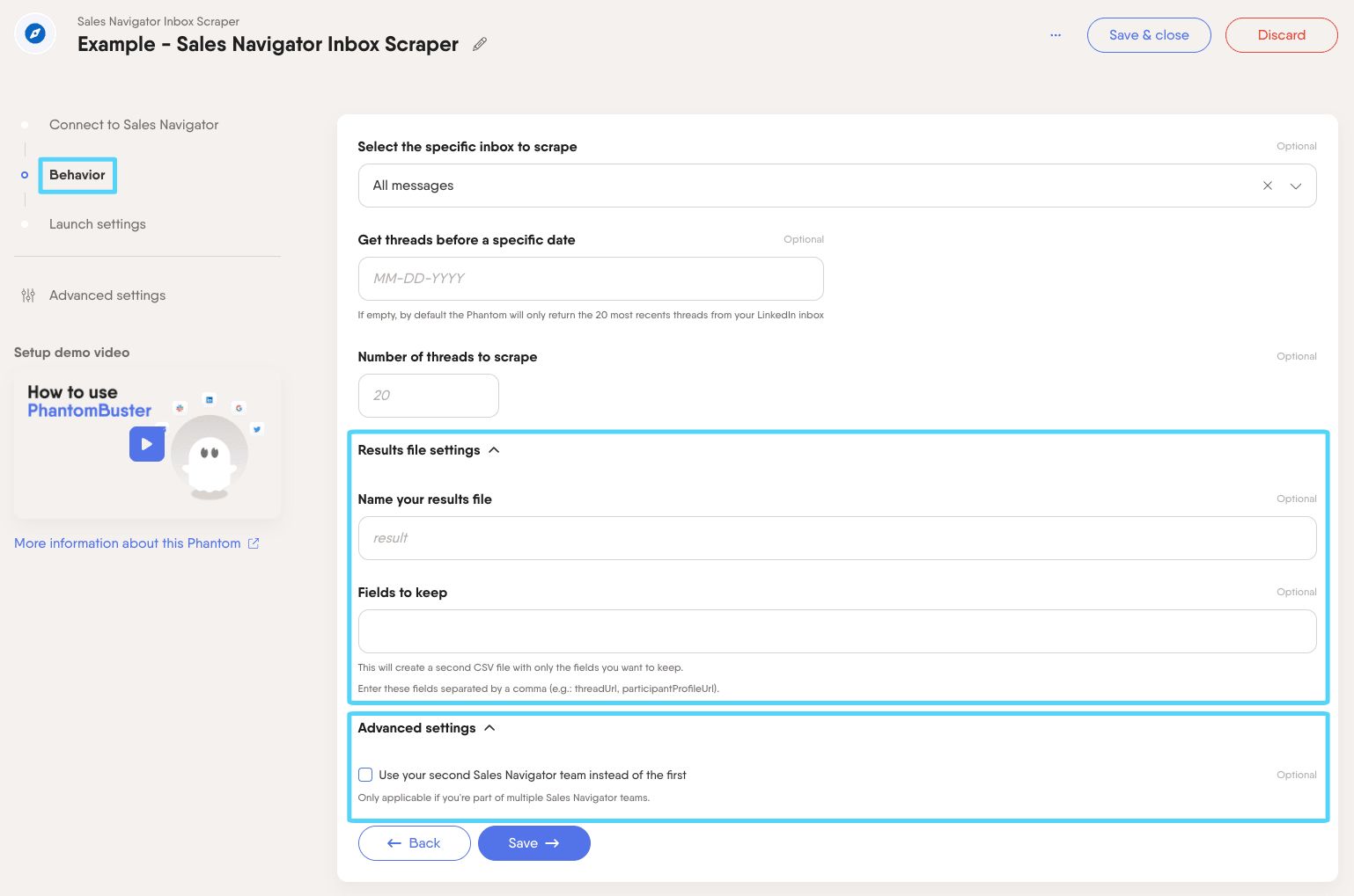 PhantomBuster Sales Navigator Inbox Scraper step 2 result file and advanced settings dropdown menus