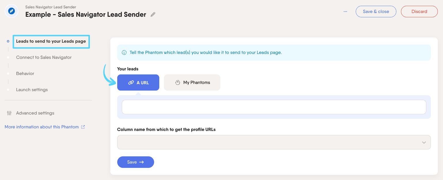 PhantomBuster Sales Navigator Lead Sender step 1 choosing your source of Sales Navigator profiles