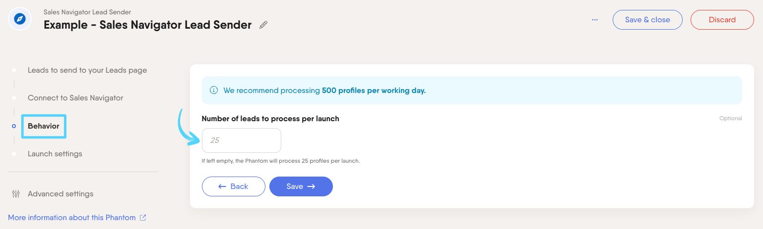 PhantomBuster Sales Navigator Lead Sender step 3 specifying how many leads to process per launch