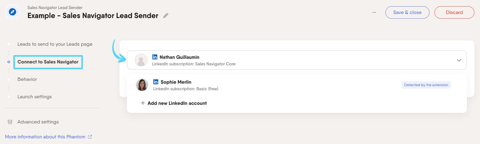 PhantomBuster Sales Navigator Lead Sender step 2 connecting your Sales Navigator account