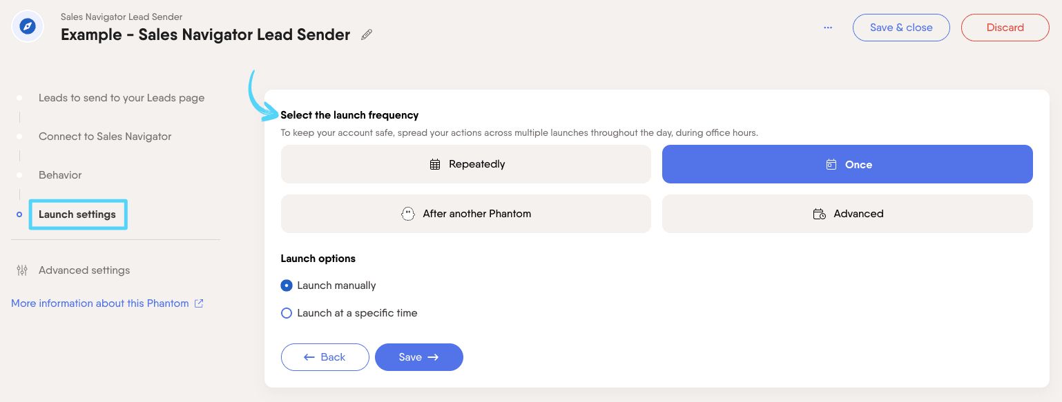 PhantomBuster Sales Navigator Lead Sender step 4 selecting launch frequency