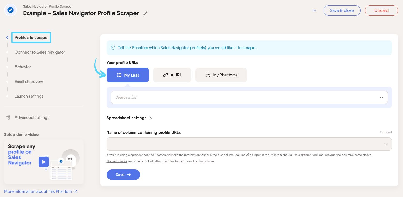 PhantomBuster Sales Navigator Profile Scraper step 1 choosing which Sales Navigator profiles to extract
