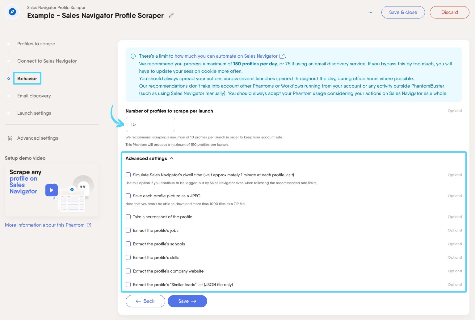 PhantomBuster Sales Navigator Profile Scraper step 3 configuring how many profiles to extract and advanced settings