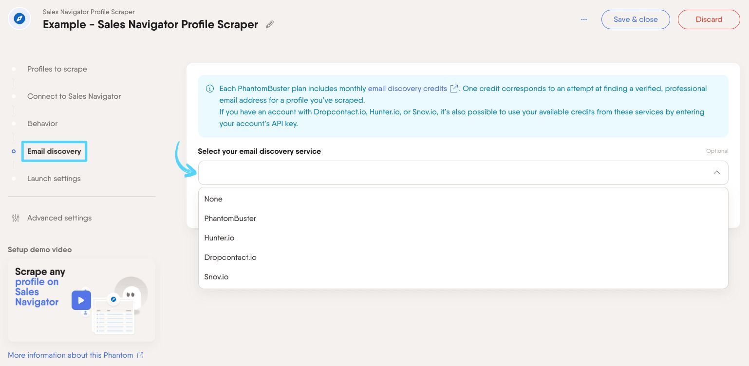 PhantomBuster Sales Navigator Profile Scraper step 4 enriching leads with professional emails via email discovery