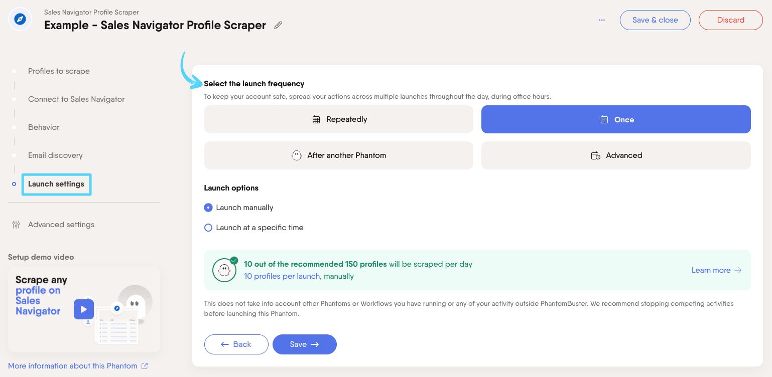 PhantomBuster Sales Navigator Profile Scraper step 5 selecting launch frequency