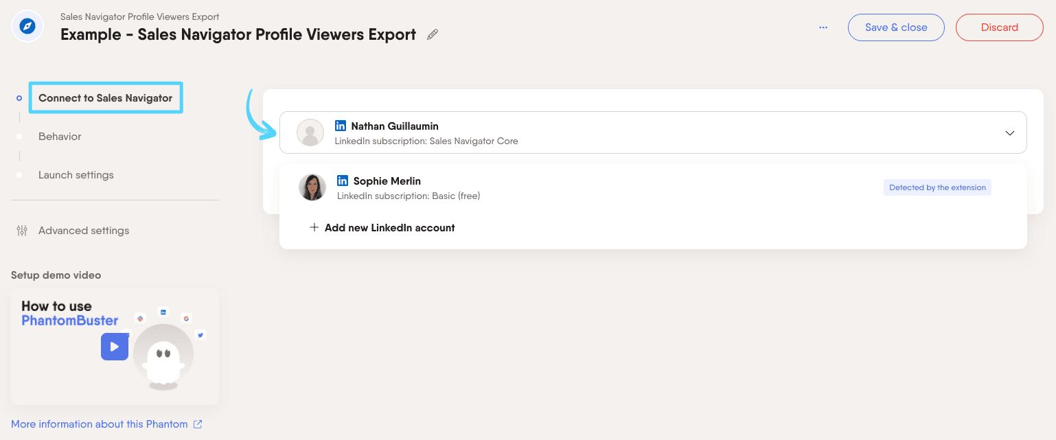 PhantomBuster Sales Navigator Profile Viewers Export step 1 connecting your Sales Navigator account