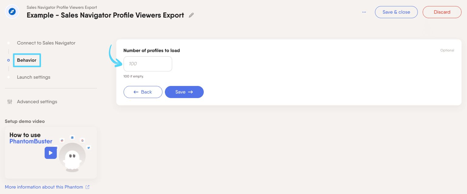 PhantomBuster Sales Navigator Profile Viewers Export step 2 configuring how many profile viewers to extract