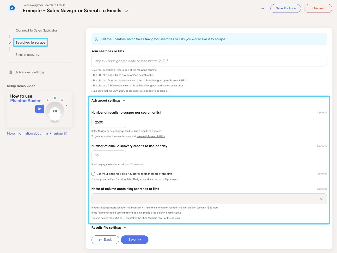 PhantomBuster Sales Navigator Search to Emails step 2 advanced settings for results and email credit limits