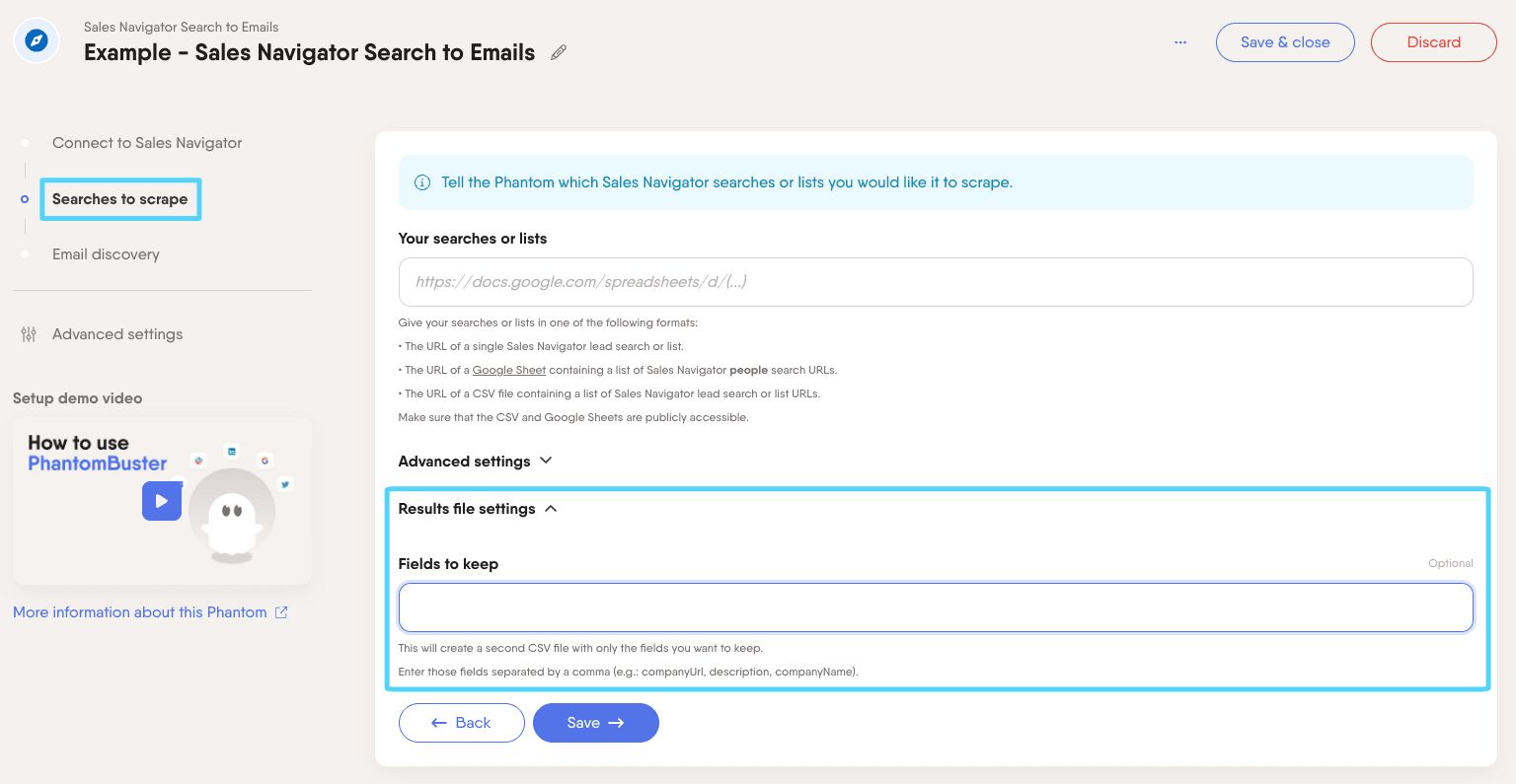 PhantomBuster Sales Navigator Search to Emails step 2 result file settings fields to keep