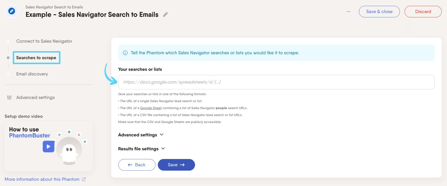 PhantomBuster Sales Navigator Search to Emails step 2 adding your search or list URLs