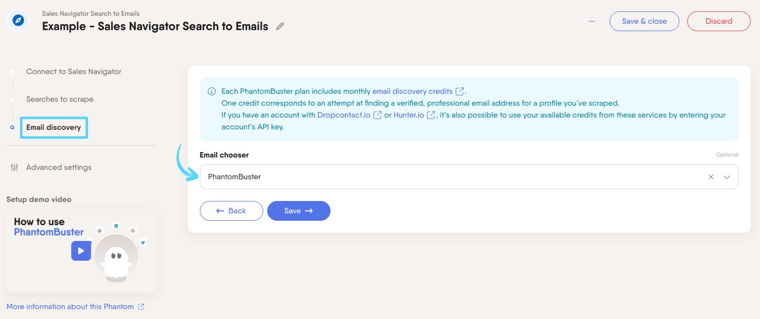 PhantomBuster Sales Navigator Search to Emails step 3 enriching leads with professional emails via email discovery