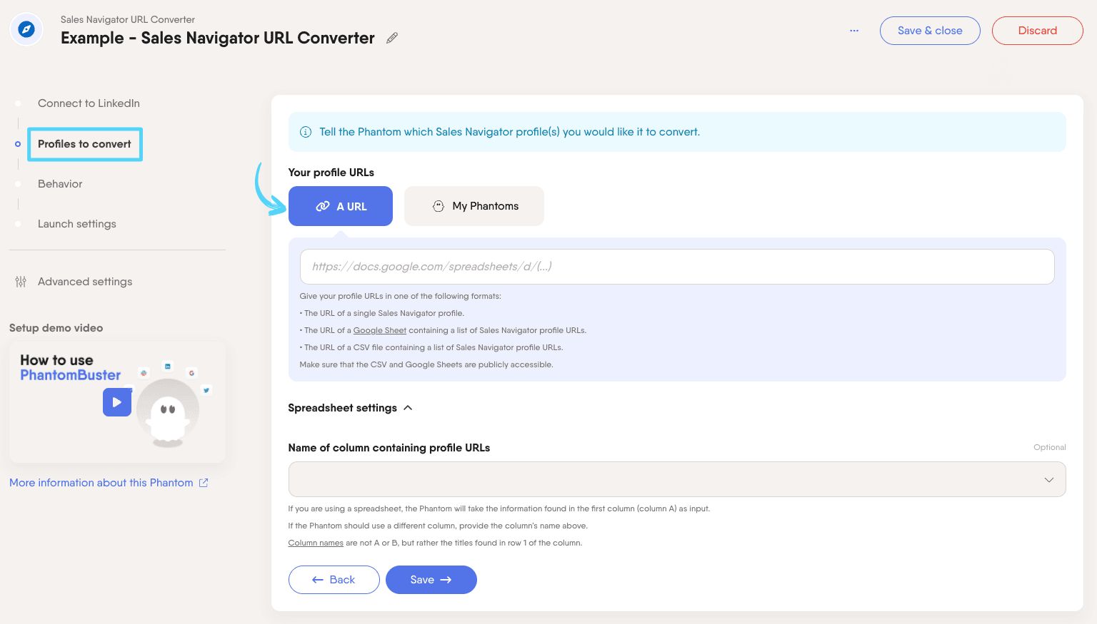 PhantomBuster Sales Navigator URL Converter step 2 providing the Sales Navigator profile URLs to convert