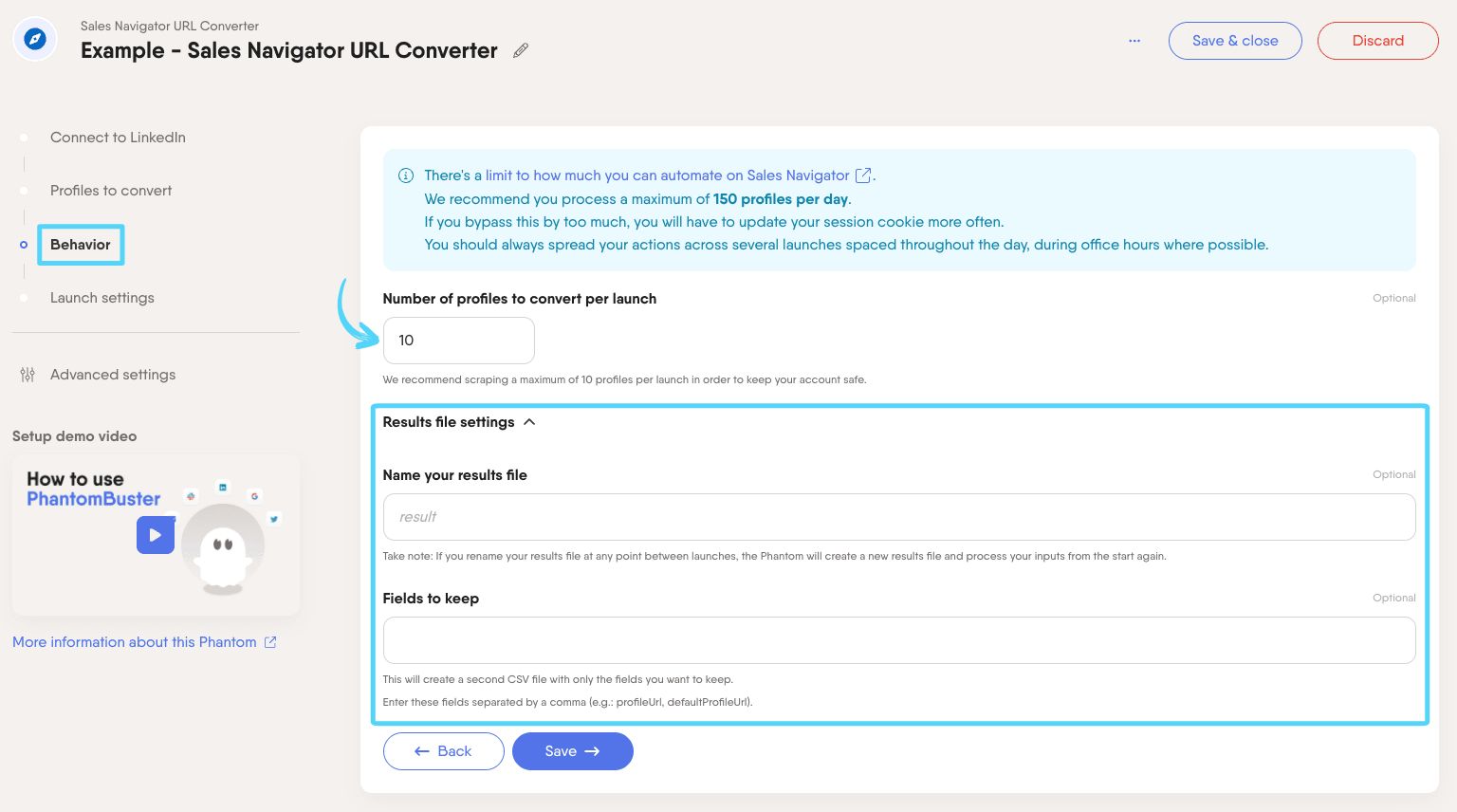 PhantomBuster Sales Navigator URL Converter step 3 specifying how many profiles to convert and result file settings