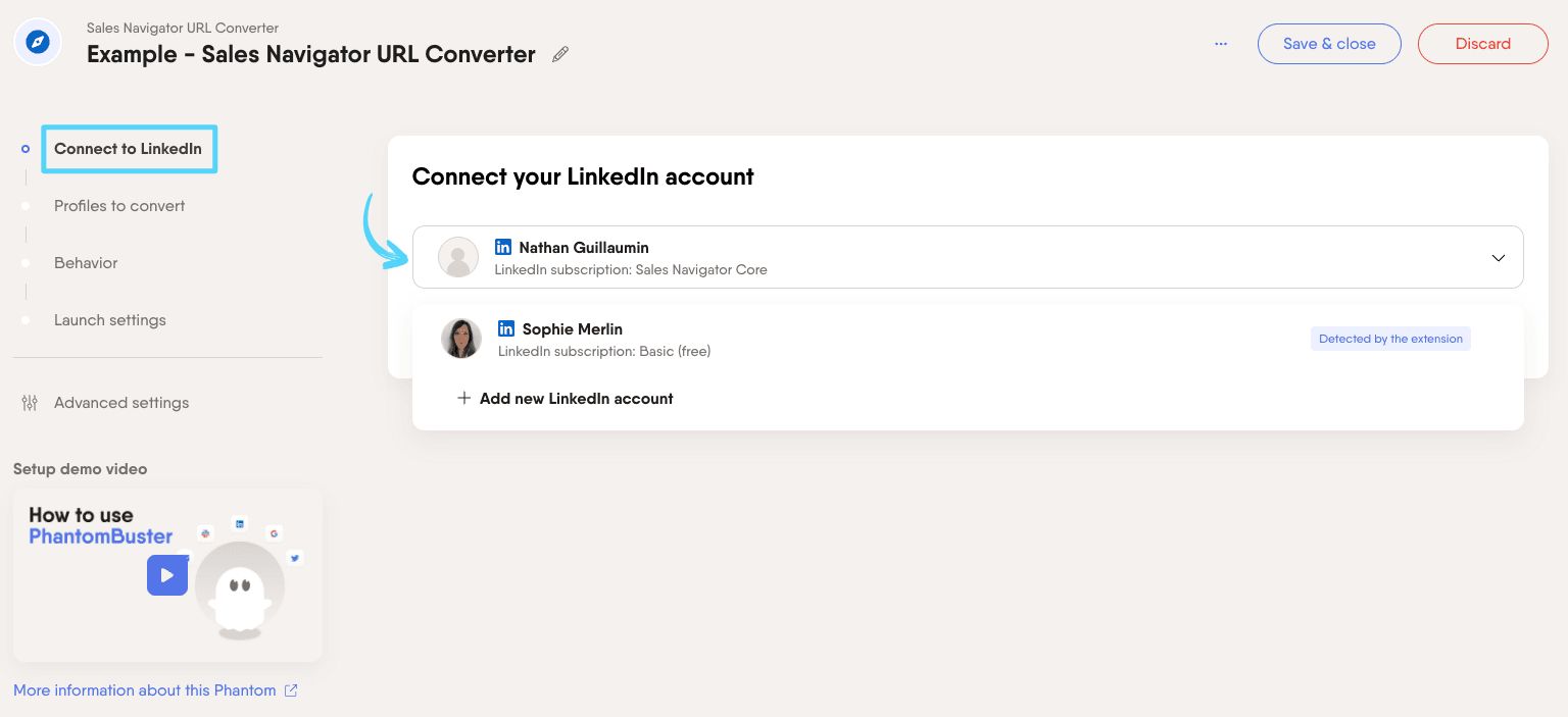PhantomBuster Sales Navigator URL Converter step 1 connecting your LinkedIn account