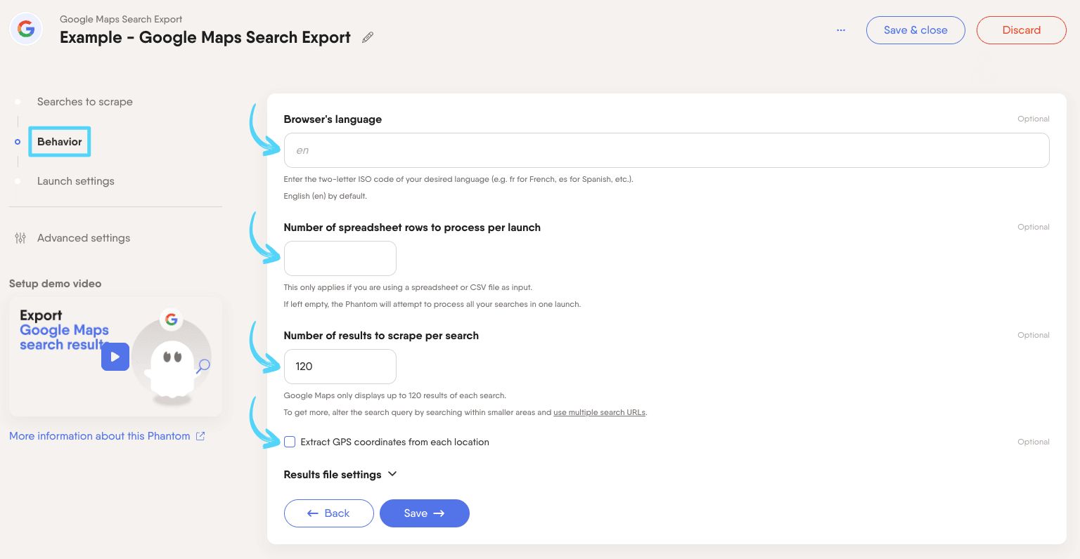 PhantomBuster Google Maps Search Export step 2 configuring language, result volume, and GPS coordinates