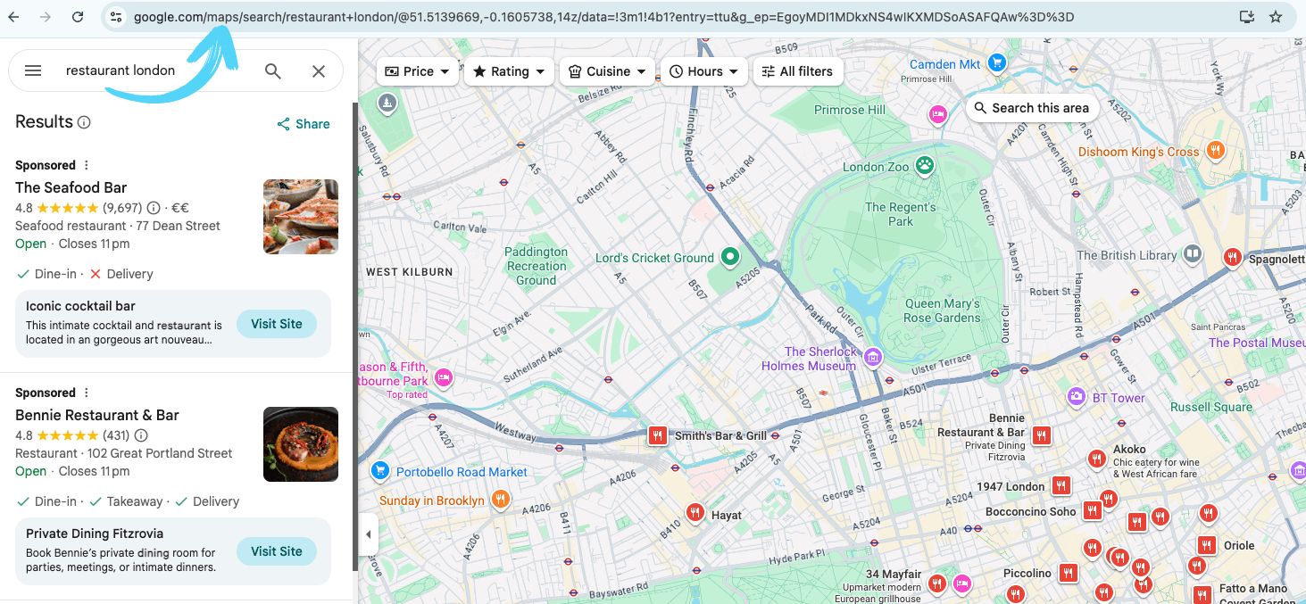 Google Maps search URL in the browser address bar starting with google.com/maps/search