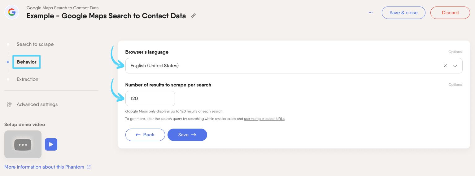 PhantomBuster Google Maps Search to Contact Data step 2 configuring language and result volume