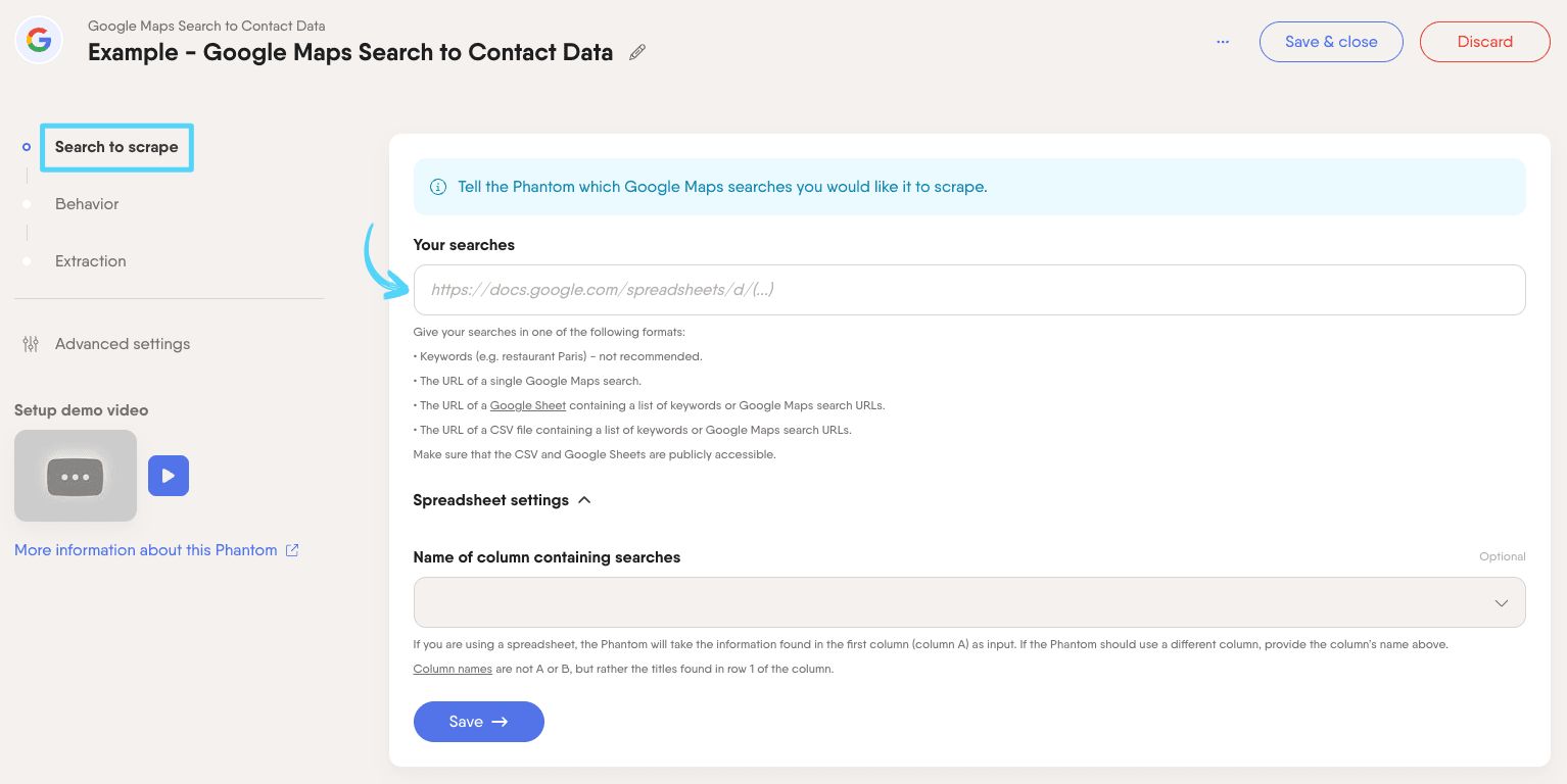 PhantomBuster Google Maps Search to Contact Data step 1 providing the search URLs or keywords