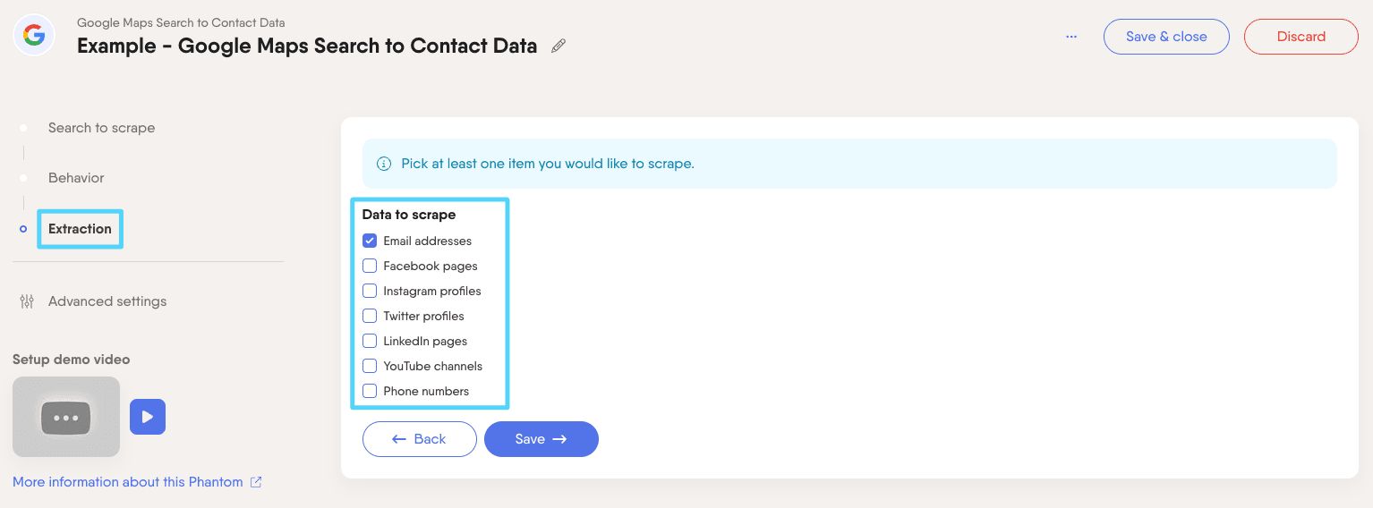 PhantomBuster Google Maps Search to Contact Data step 3 choosing which contact details to extract