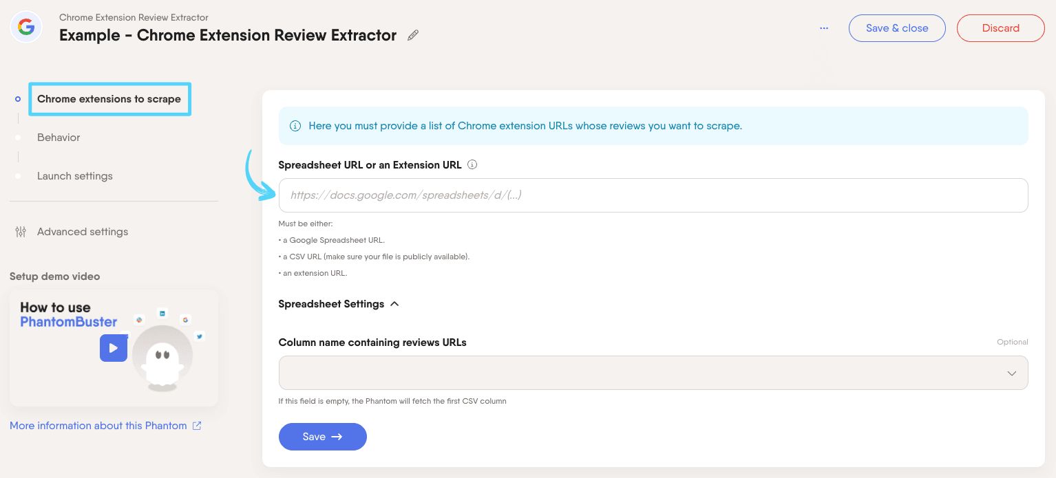 PhantomBuster Chrome Extension Review Extractor step 1 providing the Chrome extension URLs