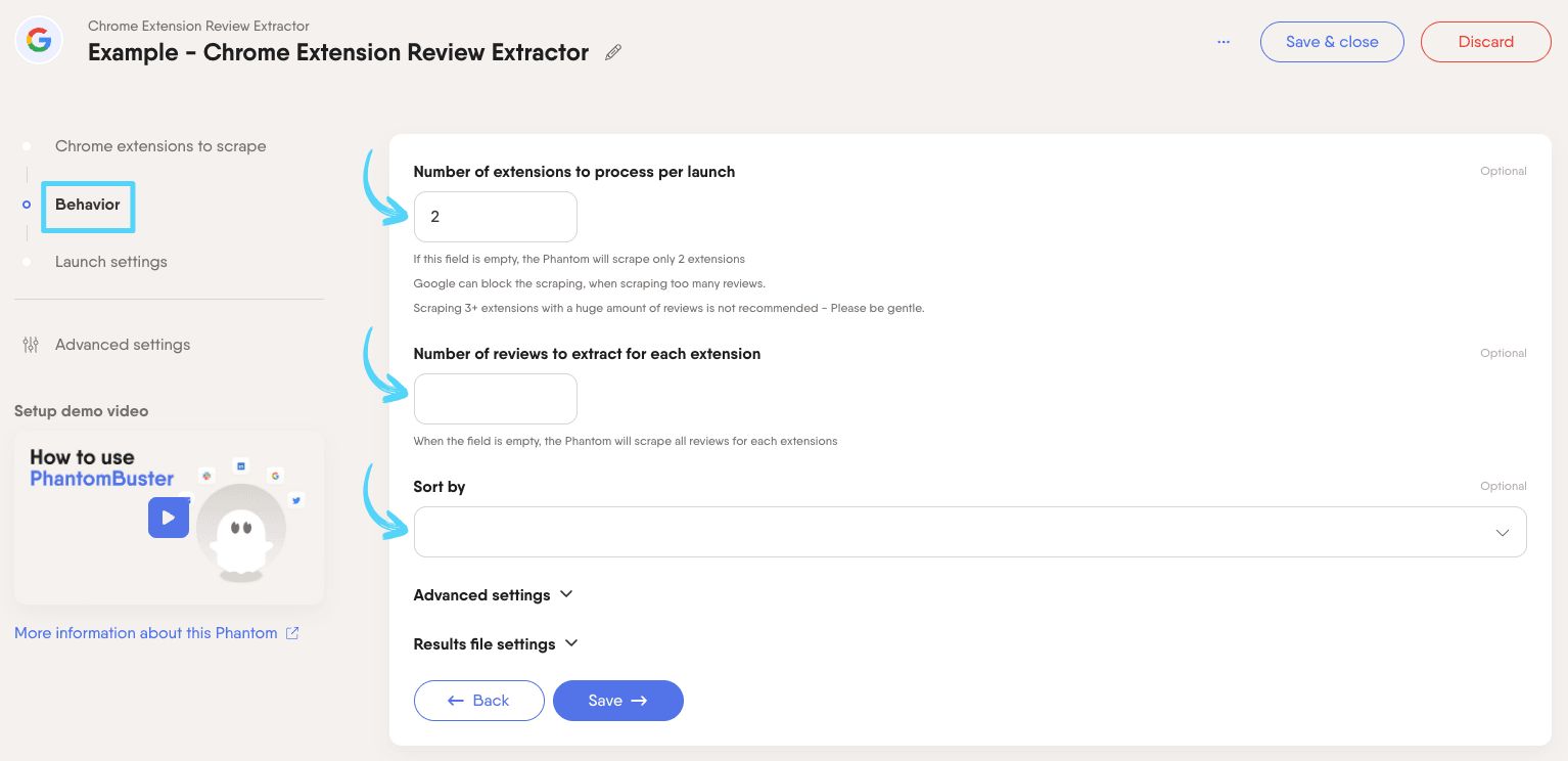 PhantomBuster Chrome Extension Review Extractor step 2 setting how many extensions and reviews to extract and the sort order