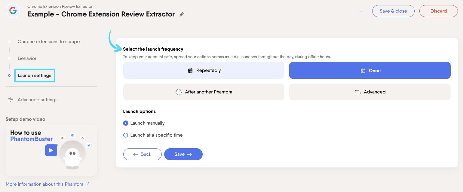 PhantomBuster Chrome Extension Review Extractor step 3 selecting the launch frequency