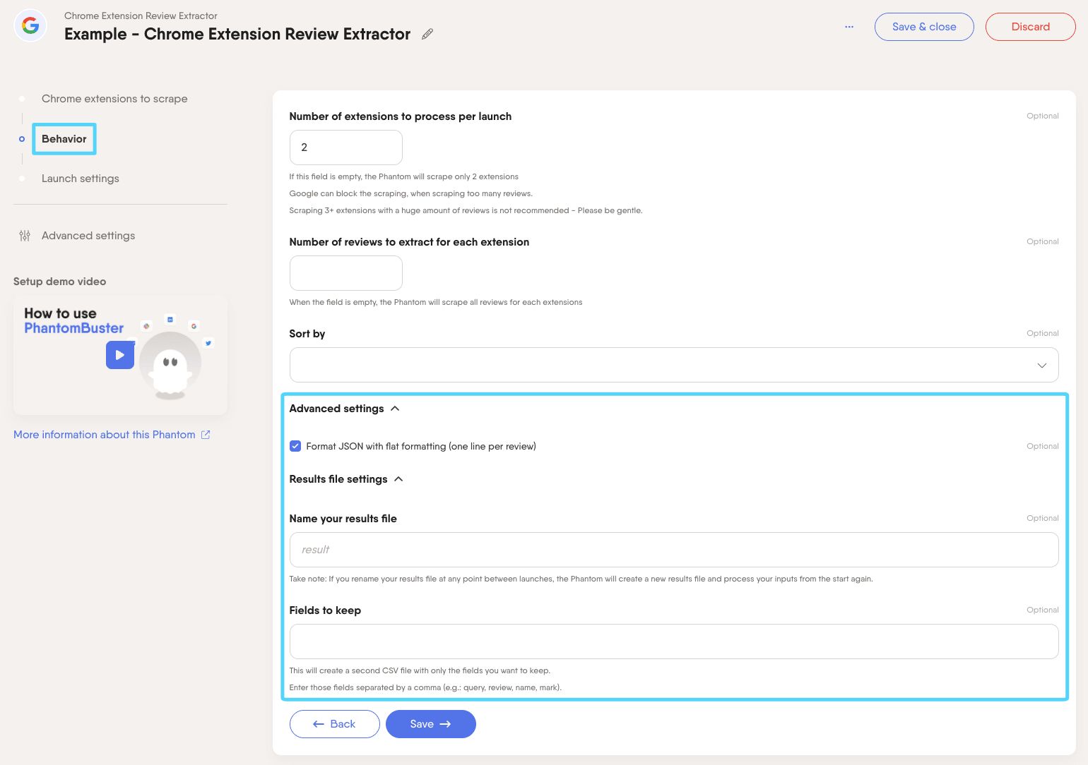 PhantomBuster Chrome Extension Review Extractor step 2 advanced and results file settings